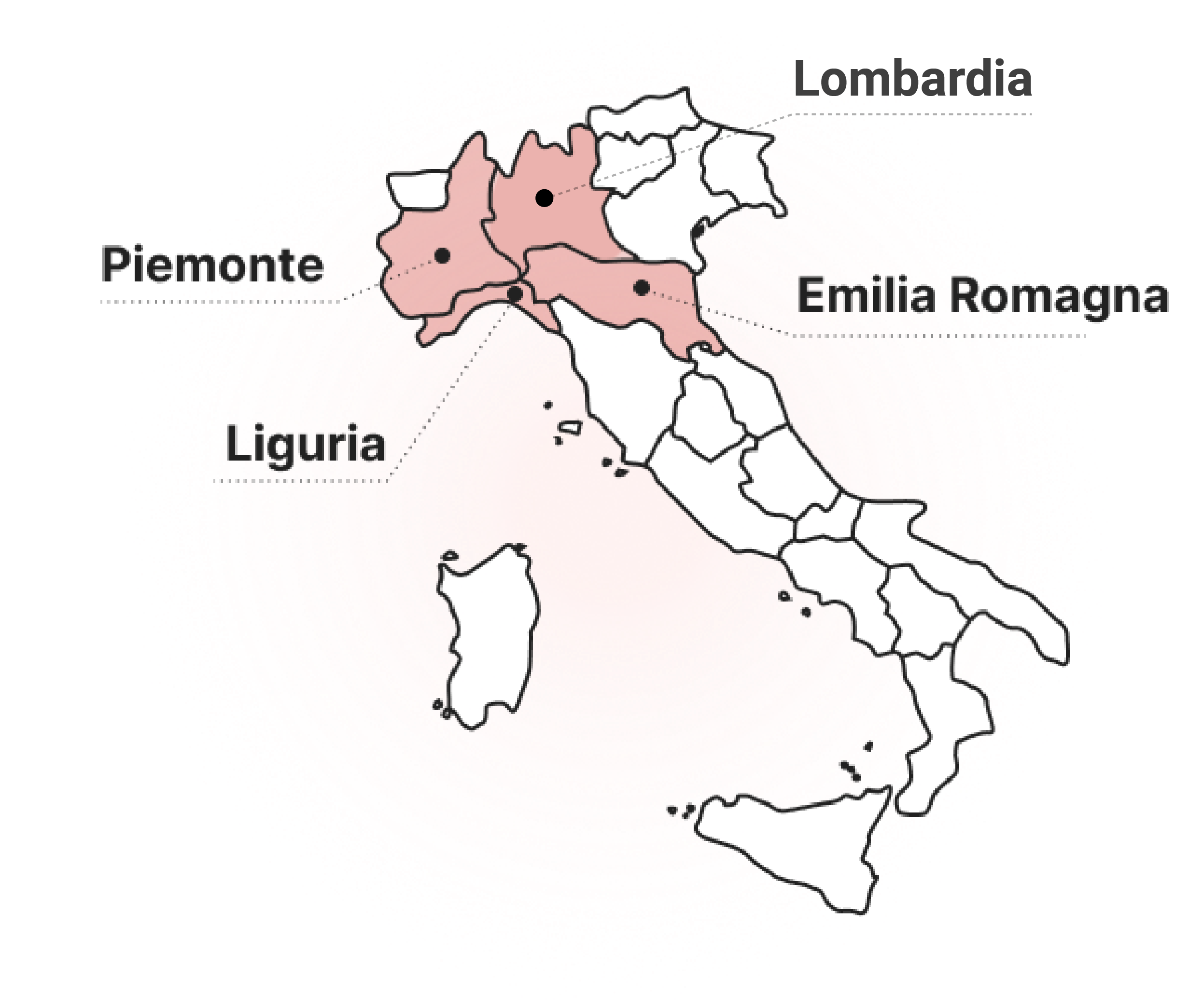 mappa dell'Italia, con evidenziate in rosso le regioni Emilia Romagna e Liguria